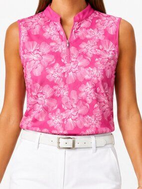 Monterey Club XXL Pink Floral Sleeveless Golf 1/4 Zip Shirt Preppy Athleisure